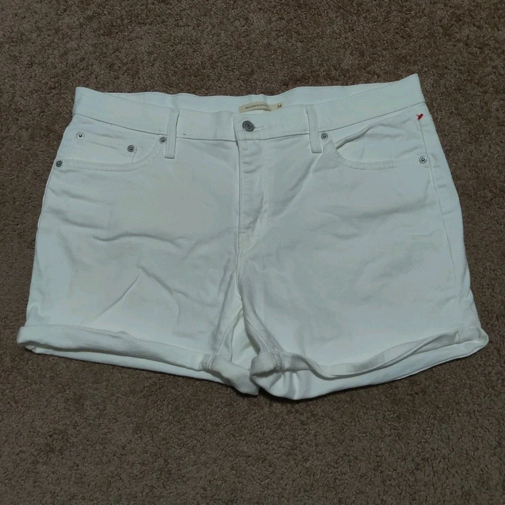 Levi's Mid Length‎ Shorts Womens 34 White Denim Cuffed Distressed Stretch New